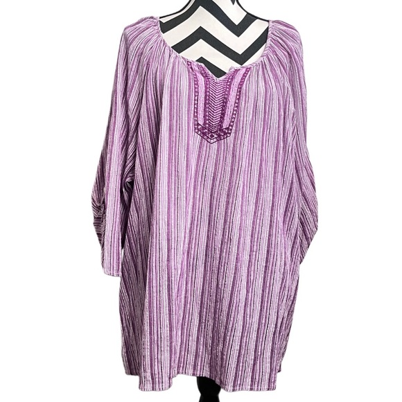 Catherine's Boho Embroidered Cotton Metallic Striped 3/4 Sleeve Sz 3X Blouse - Picture 3 of 12